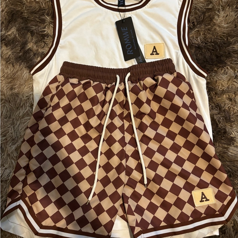 ROMWE Brown and Cream Checkered Athletic Shorts